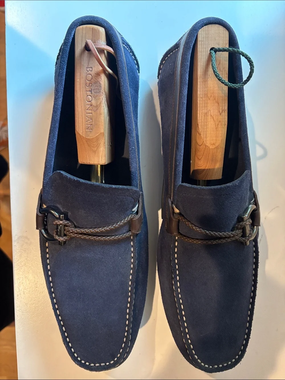 Salvatore Ferragamo Navy Suede Moccasin Loafers with Brown Trim